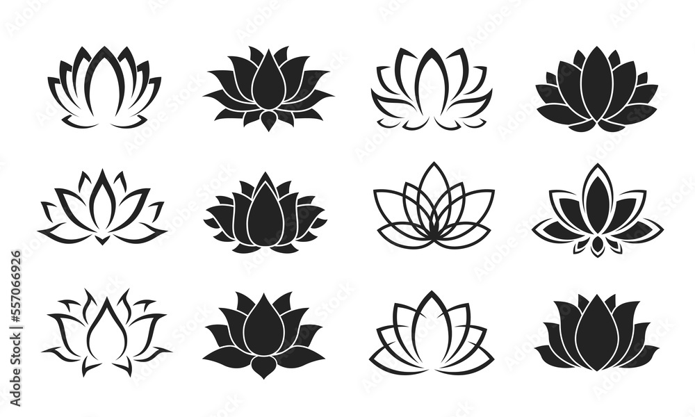 Lotus icons. Harmony and calm lotus minimalistic sign or symbol of relax and wellness. Flower graphic vector icon of Buddhism religion, floral embellishment - obrazy, fototapety, plakaty 