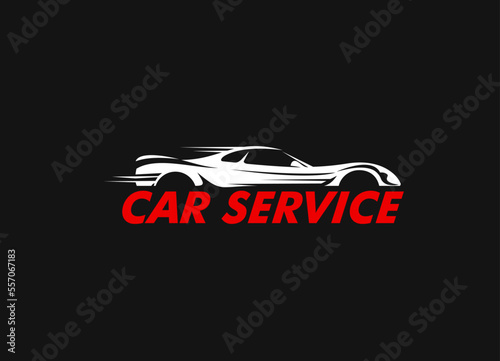 Car repair service icon. Vehicle maintenance, classic car restoration and repair mechanic workshop or garage station vector symbol, graphic icon or pictogram with fast moving sport coupe silhouette