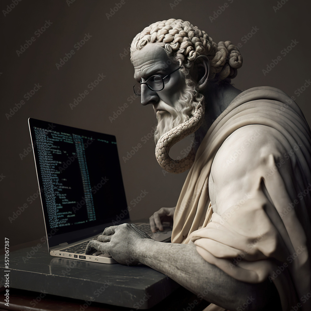 statue of a person with laptop, created with Generative AI technology - obrazy, fototapety, plakaty 