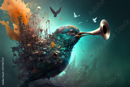 Fototapeta A fantasy anime bird with a trumpet beak on a green background, generative ai