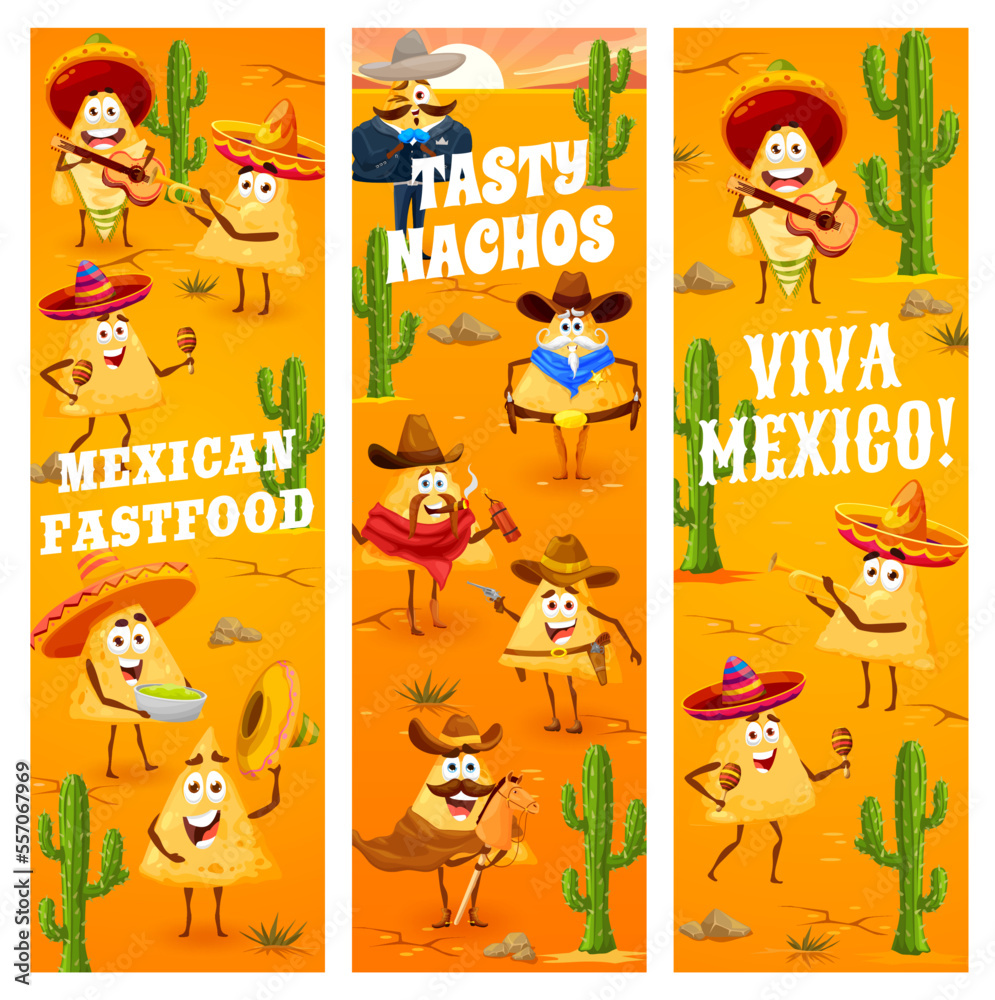 Fototapeta premium Mexican nachos chips, cowboy, robber and sheriff characters, vector banners. Viva Mexico, party fiesta with Mexican fast food nacho chips in sombrero with maracas or bandits with hat and revolver gun