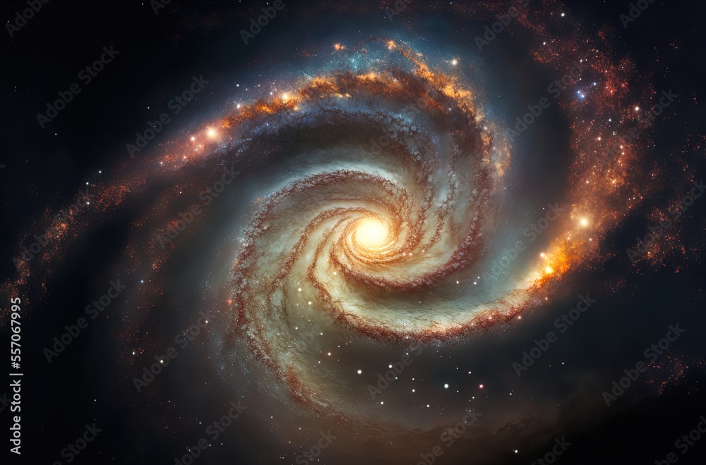 A very large spiral galaxy with stars in the background. Generative AI. A very large spiral galaxy with stars in the background. Generative AI.