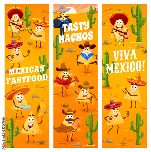 Mexican nachos chips  cowboy  robber and sheriff characters  vector banners. Viva Mexico  party fiesta with Mexican fast food nacho chips in sombrero with maracas or bandits with hat and revolver gun
