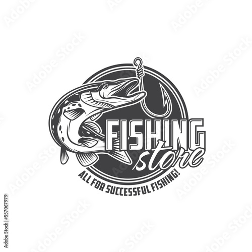 Fishing store icon with pike and hook, fisher tackles shop vector emblem. Fisherman equipment, fish catch baits or lure and bobber floats store badge with river pike and rod hook
