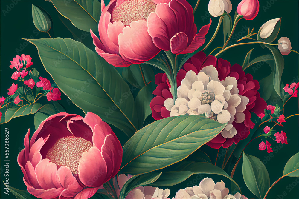 peonies and lilies floral pattern in a vintage print style ideal for backgrounds, generative ia - obrazy, fototapety, plakaty 