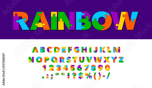 Puzzle font type, jigsaw typeface or creative alphabet letters, vector typography. Rainbow color puzzle font for school or toy game jigsaw ABC typescript with numbers and letters in colorful mosaic