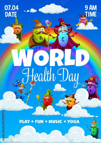 World health day flyer. Cartoon vitamin wizard and mage characters on clouds. Vector invitation poster template with funny nutrient capsules wear magician costumes and wands on heaven with rainbow