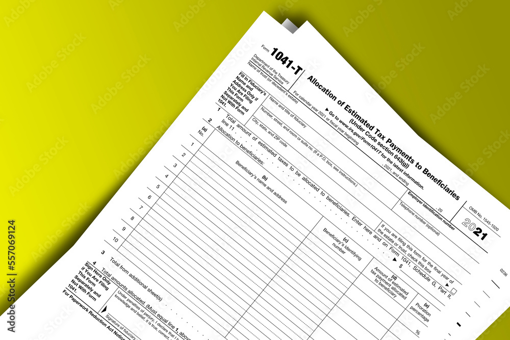 Form 1041-T documentation published IRS USA 44541. American tax document on colored Form 1041-T documentation published IRS USA 44541. American tax document on colored