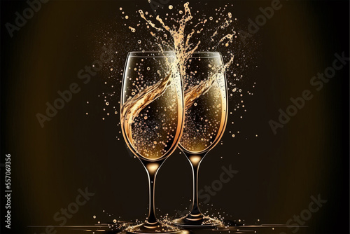 elegant champagne glasses with sparkling wine, splash and bubbles, festive dark background, generative ai
