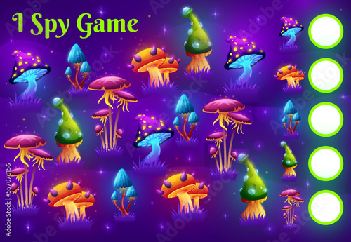 I spy game worksheet magic mushroom on fairy meadow. Child counting riddle, kids educational quiz with objects searching and counting task or children vector math game with fantasy, glowing mushrooms