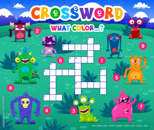 Crossword quiz game, cartoon monster characters. Vector worksheet, kids test grid, cross word brainteaser for children with funny aliens mutants and empty letter boxes. Educational baby puzzle task