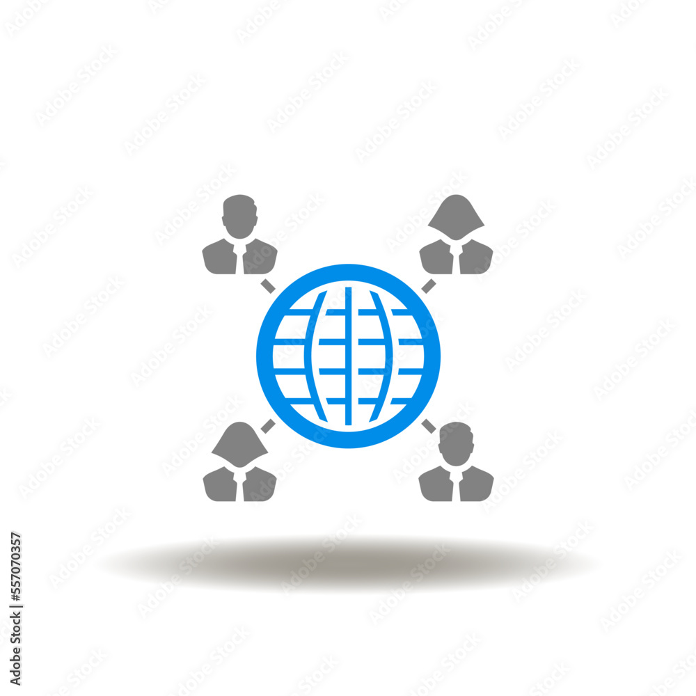 Vector illustration of earth planet and network people. Icon of outsorcing. Symbol of outsource. Sign of recruitment, employment. - obrazy, fototapety, plakaty 