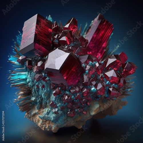 Stunning dark red to cochineal Cuprite Crystals Adamantine, Sub-Metallic, Earthy Hardness illustration made with Generative AI  
 photo