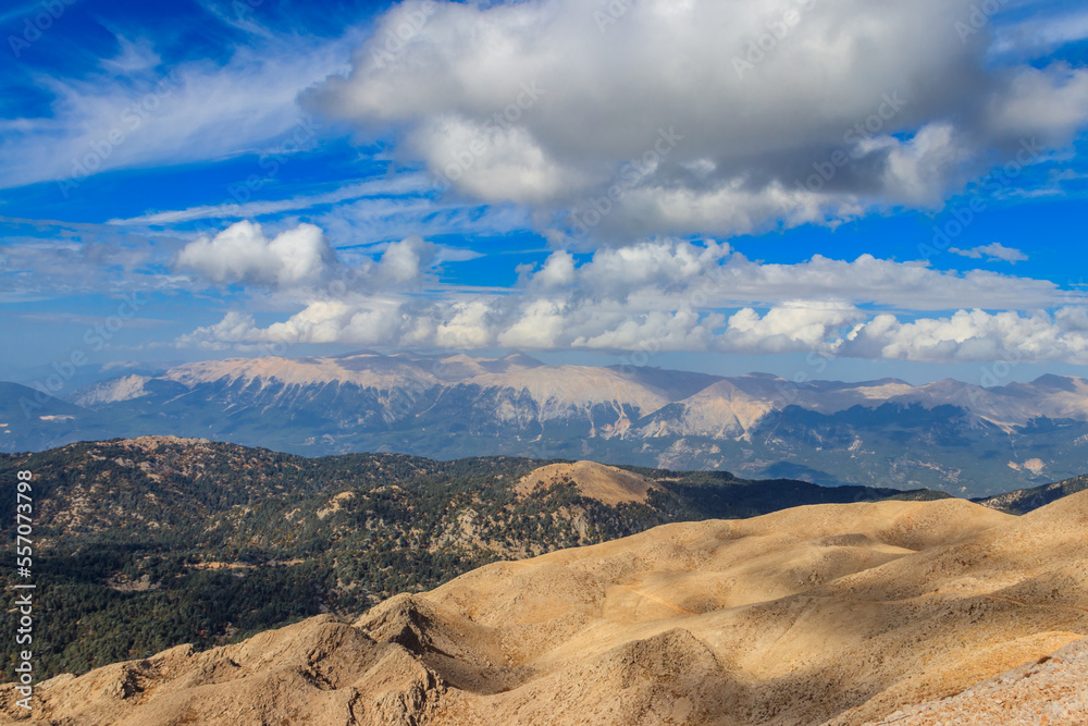 Naklejka premium View of the Taurus mountains from a top of Tahtali mountain near Kemer, Antalya Province in Turkey