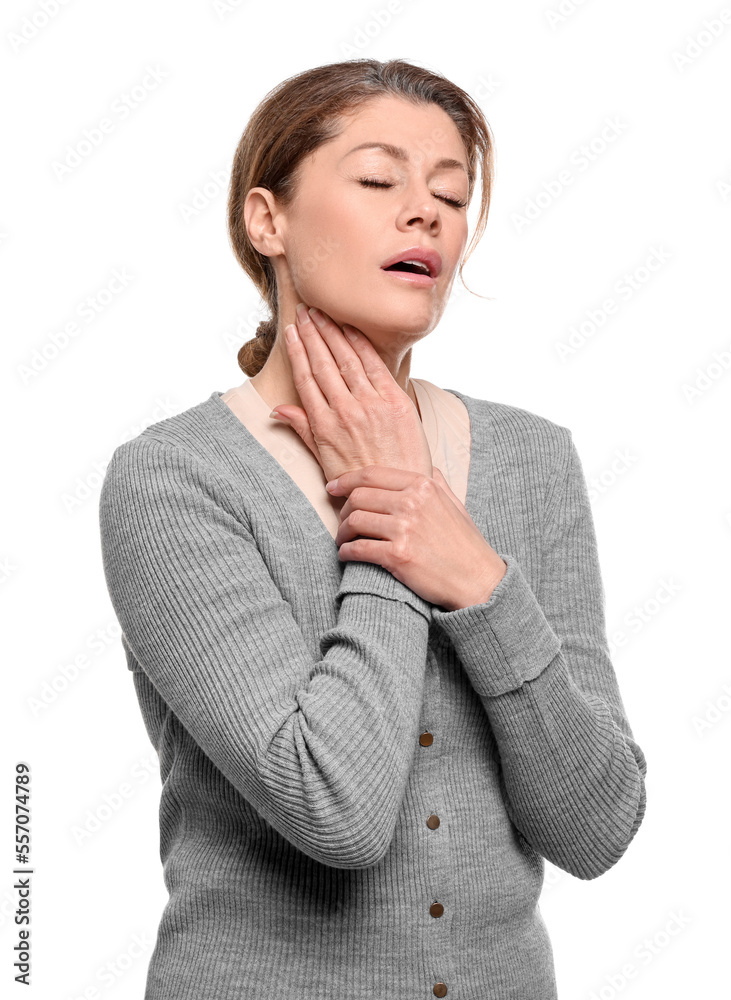 Woman suffering from sore throat on white background Woman suffering from sore throat on white background