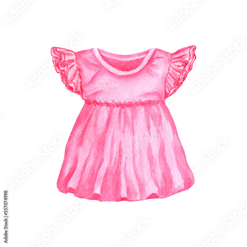 Pink dress for girl. Art watercolor illustration isolated on white background. For printing postcards, invitations, baby shower or gender party