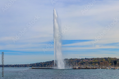 The Jet d'Eau fountain in Lake Geneva in Geneva, Switzerland