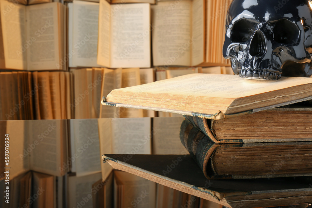 Black human skull and old books on mirror table. Space for text