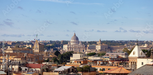 Old Historic Catholic Church in City of Rome, Italy. Aerial View. Cloudy Sky