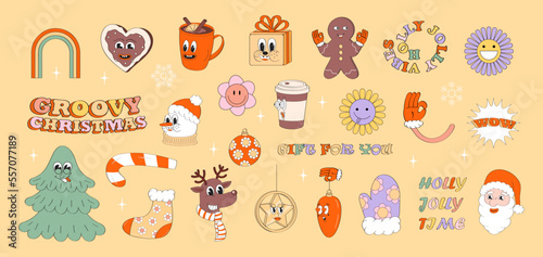Mascot New Year character retro vector set. Holly jolly gift, crazy, groovy christmas greeting card. Year 60s, 70s greeting characters. Gingerbread.