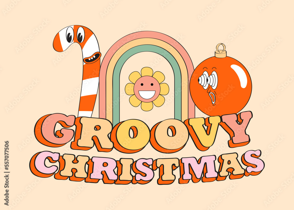 Fototapeta premium Mascot New Year character retro vector set. Holly jolly gift, crazy, groovy christmas greeting card. Year 60s, 70s greeting characters. Gingerbread.