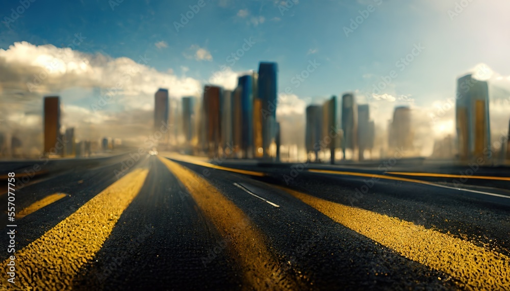 inner city elevated road by modern skyscrapers at sunset. Ai generated image.
