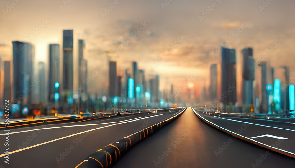 inner city elevated road by modern skyscrapers at sunset. Ai generated image.