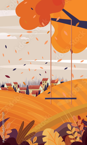 Autumn swing poster. Graphic element for website, outdoor recreation. Countryside, houses in forest. Fall season and rural landscape. Nature and wild life concept. Cartoon flat vector illustration