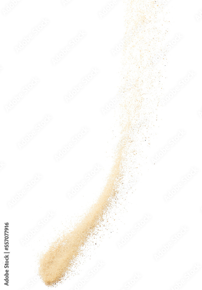 Fototapeta premium Sand flying explosion, Golden sand wave explode. Abstract sands cloud fly. Yellow colored sand splash throwing in Air. White background Isolated high speed shutter, throwing freeze stop motion