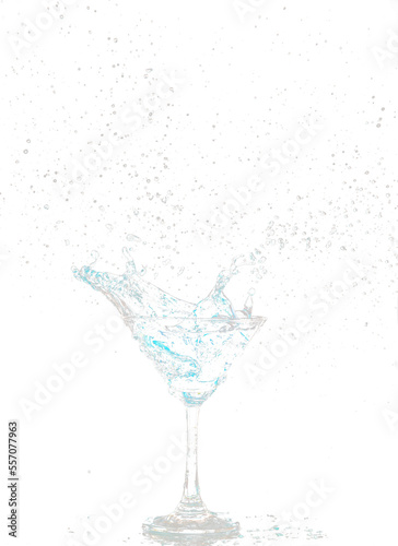 Blue Cocktail Glass with splashing water alcohol, Crystal Cocktail drink splatter splash in air and bubble from glass. Liquor Part freeze shot high speed over black background isolated