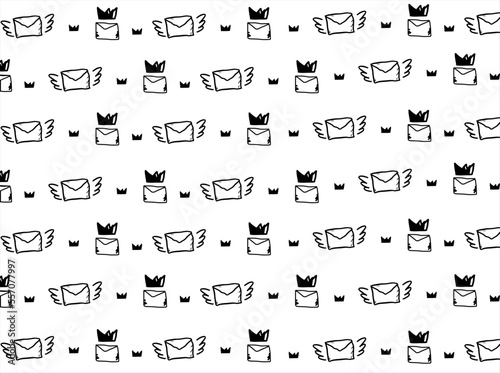 Mail and crown seamless pattern in hand drawn style, doodle, background, cover, print, textile, or web use, Cute, outline, simple, letter.