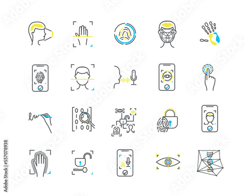 Biometric authorization color icons. Interface for programs and apps. Protection of personal data and online security, account access. Cartoon flat vector illustrations isolated on white background