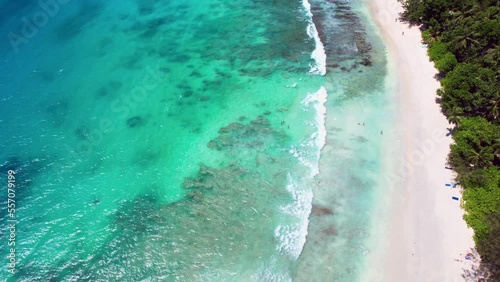 Drone shot of takamaka beach, showing clients swimming and spending time on the beach photo