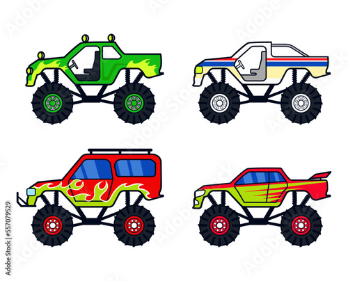 Collection of monster trucks. Heavy vehicle design suitable for stickers, t-shirts, or vehicle club logos. © Guavanaboy