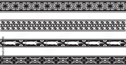 Vector set of seamless monochrome national native american ornaments. Endless ethnic black borders, frames of the peoples of America, Aztec, Maya, Incas. For sandblasting, plotter and laser cutting..