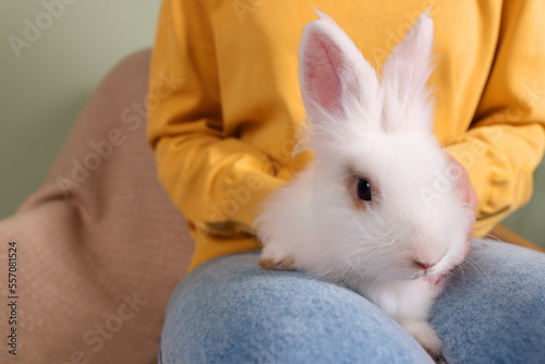 Woman with fluffy white rabbit, closeup. Cute pet