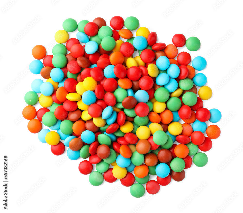 Many small colorful candies on white background, top view Many small colorful candies on white background, top view