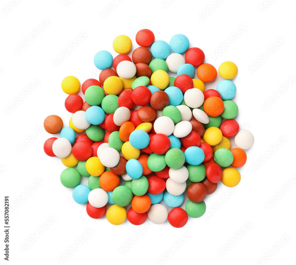 Many small colorful candies on white background, top view Many small colorful candies on white background, top view