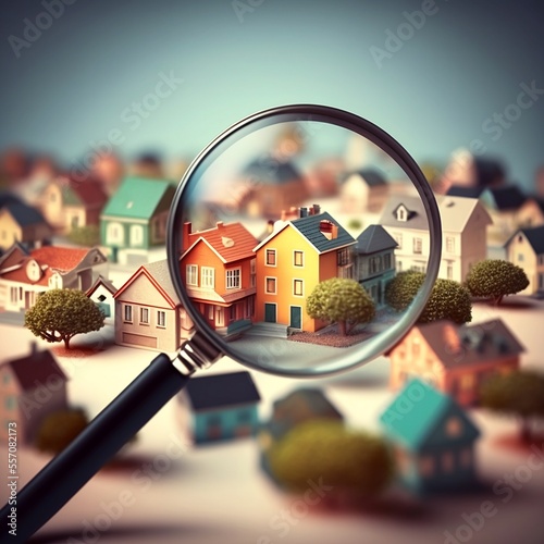 house searching, colorful mini model homes being viewed through magnifying glass, 3d render illustration