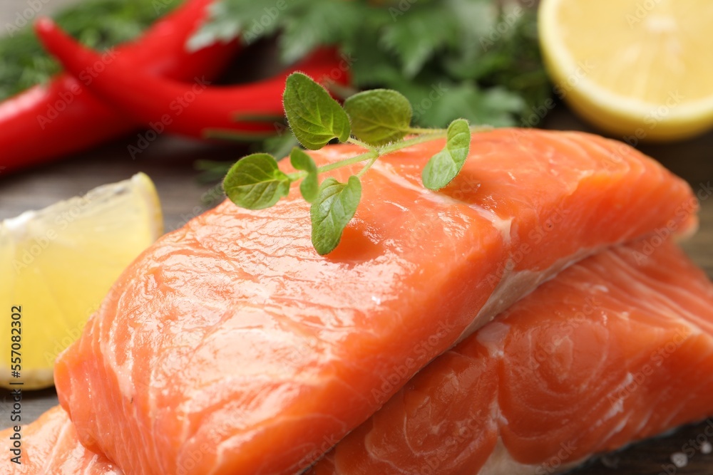 Fresh salmon and ingredients for marinade, closeup
