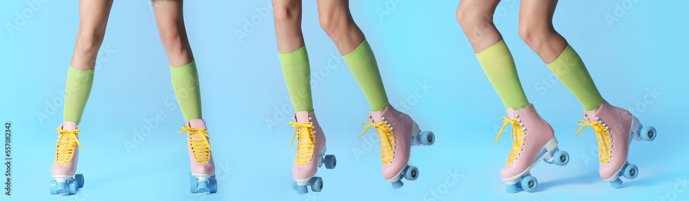 Photos of woman with retro roller skates on light blue background