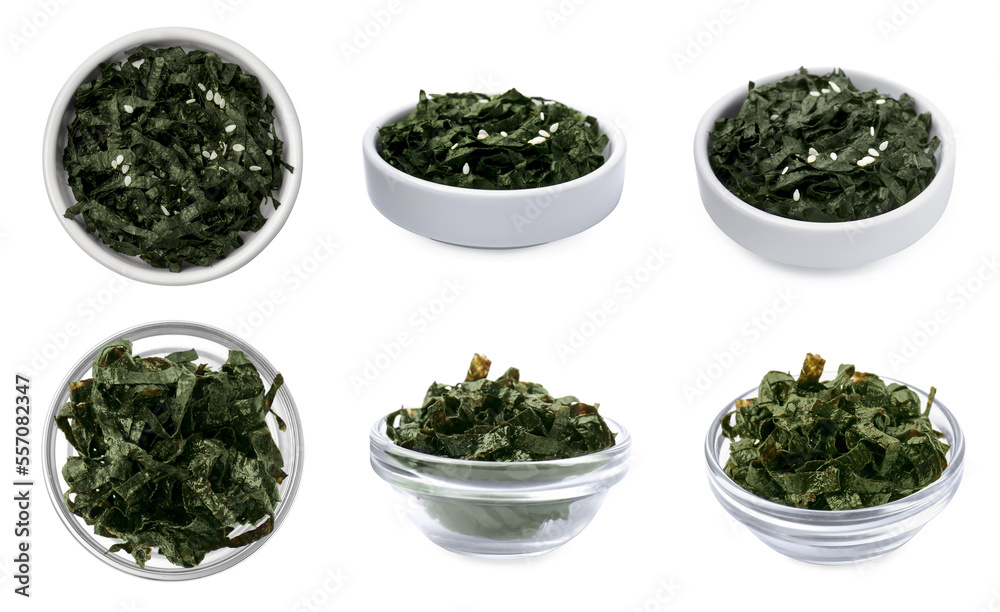 Set with tasty chopped crispy nori sheets on white background Set with tasty chopped crispy nori sheets on white background