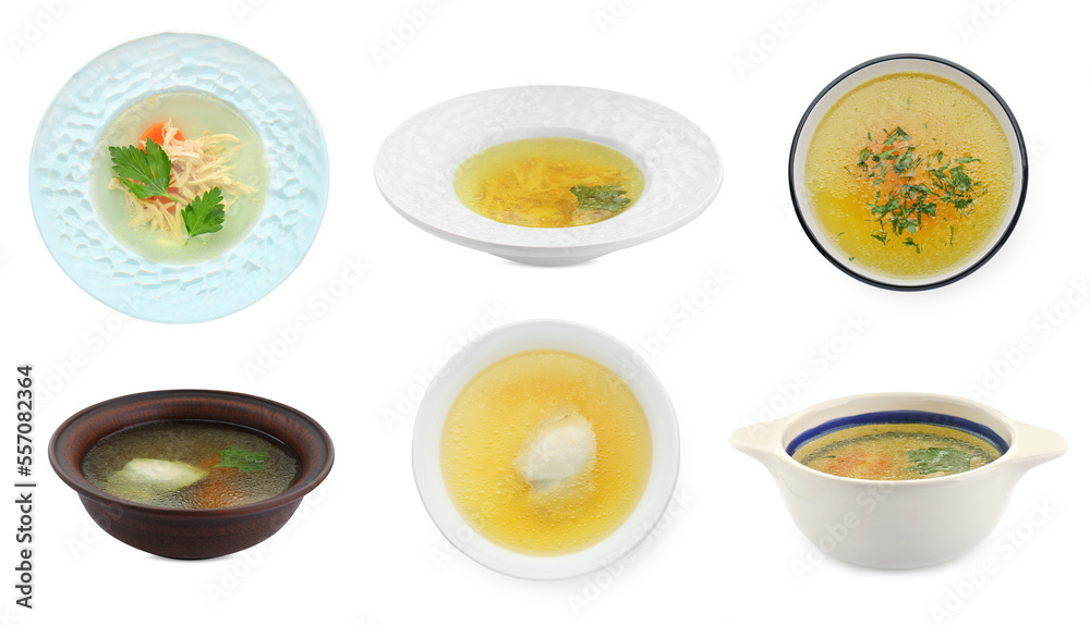 Dishes with tasty bouillon on white background Dishes with tasty bouillon on white background
