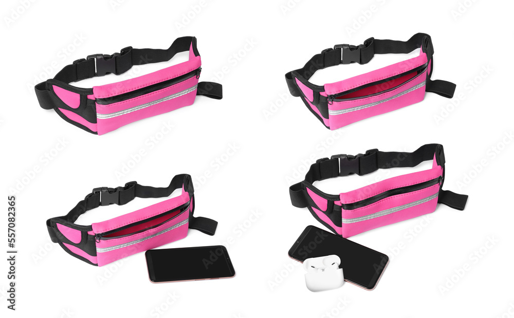 Collage with pink waist bag (running belt) on white background Collage with pink waist bag (running belt) on white background