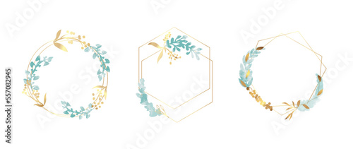 Set of luxury wedding frame element vector illustration. Watercolor and gradient golden botanical leaf branch vine on geometric frame. Design suitable for frame, invitation card, poster, banner.