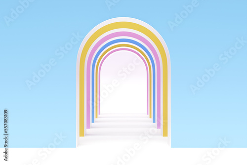 3D rendering. Beautiful geometric arch, gate, portal. Abstract geometric arch. Round hole, entrance to the wall with a red screen.