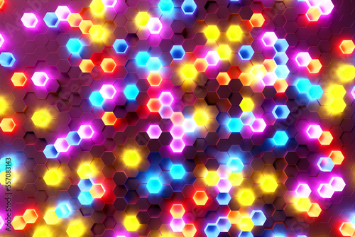 Abstract hexagonal background with depth of field effect, 3d illustration. A large number of multi-colored hexagons. Honeycomb, 3d panel. © Виталий Сова
