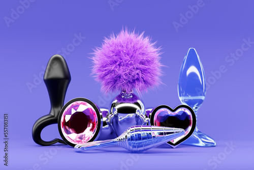 3D illustration, a collection of different types colorful  of sex toys, including dildo and   butt anal plugs on  purple  background.