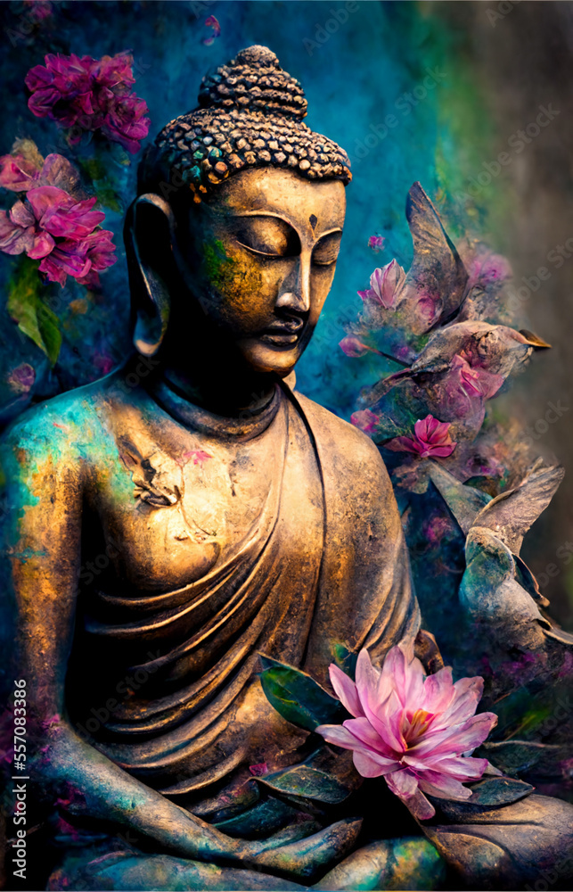 buddha statue with colourful flower