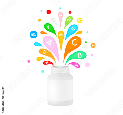 Vitamin complex float away from white plastic bottle. Package mockup. Multivitamins and minerals colorful ad design. Medical and scientific concepts. Help strengthen the body Immunity. 3D Vector.